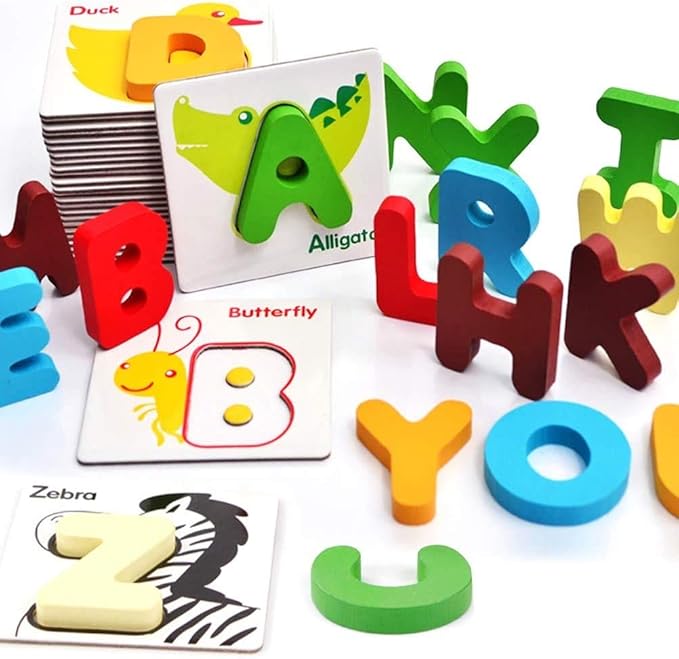 26 Pcs Wooden Letters Card Numbers Alphabets ABC Flash Cards Set Animal Color Cognition Matching Puzzle Game
