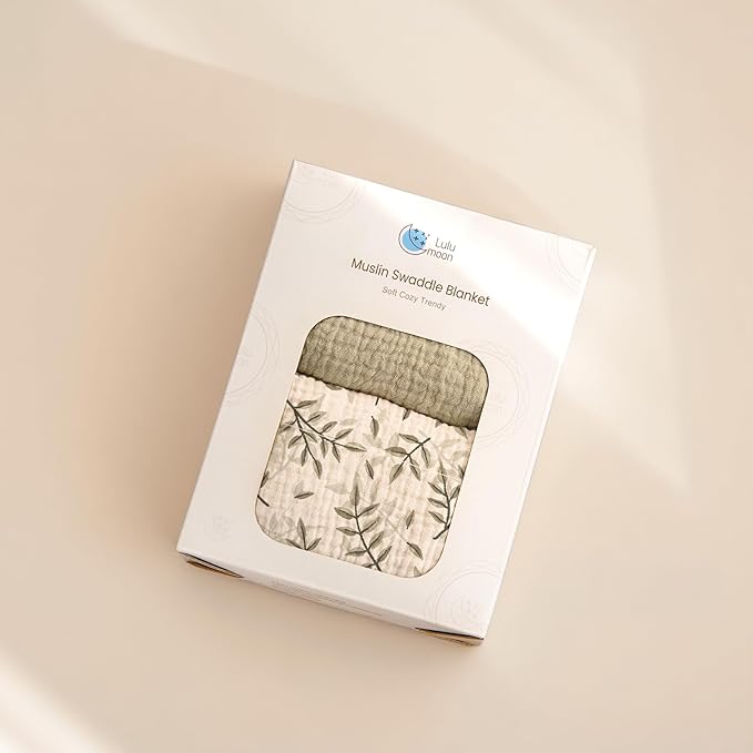 lulumoon Muslin Swaddle Blankets for Baby: Cotton & Soft Receiving Blanket for Newborn with Leaves Printed- Neutral Gift for Baby Shower 2pack(Olive Leaf)
