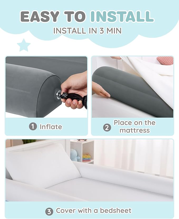 Lilian&Gema 2-Pack Inflatable Bed Rails for Toddlers, Non-Slip Soft FlockingTravel Bed Bumper for Kids for King, Queen, Twin, Full, Toddler-Size Bed, Portable Bed Rails for Hotel, Travel, Home