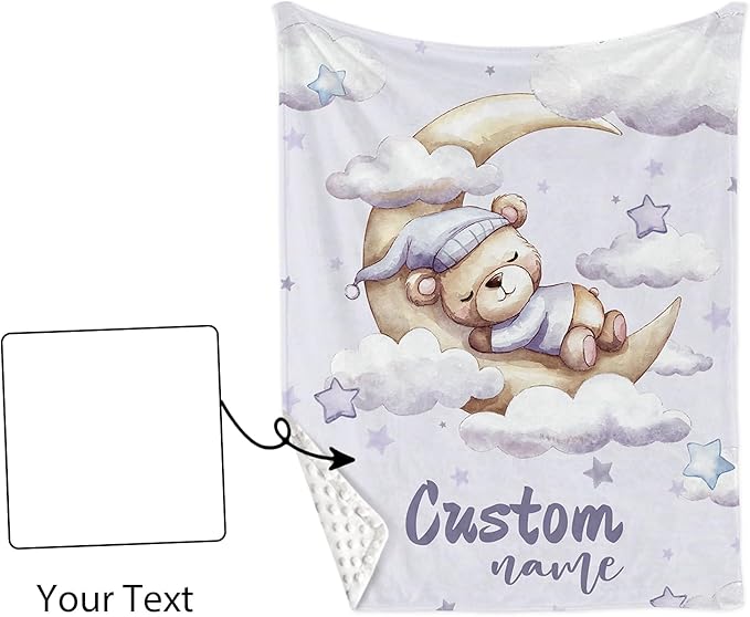 Personalized Baby Crib Bedding Set, Custom Name Moon Bear Baby Bedding 2-Pcs Set - Soft Double Layer Dotted Blanket and Fitted Sheet, Nursery Bedding for Newborn Boys Girls, Perfect Shower Gift