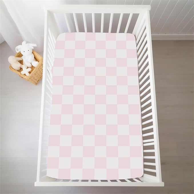 Pink and White Checkered Baby Crib Sheets for Girls Gingham Plaid Checkerboard Soft Snug Fitted Crib Mattress Covers for 52''x28'' Standard Crib & Toddler Mattress Pink Checks Nursery Bed Sheets