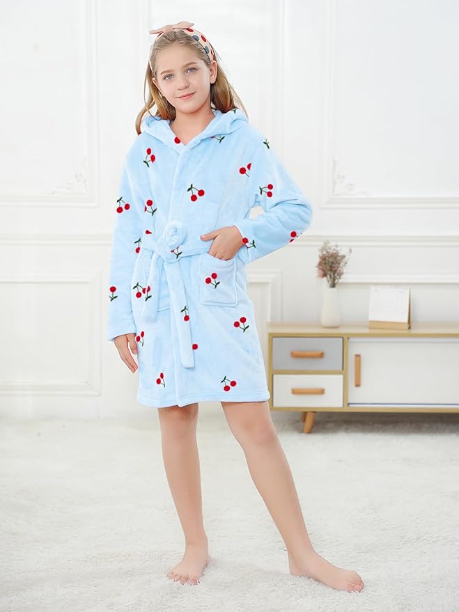 Umeyda Girls Fleece Hooded Robes, Warm Printed Bath Robe for Kids Soft Fuzzy Bathrobe for Gifts