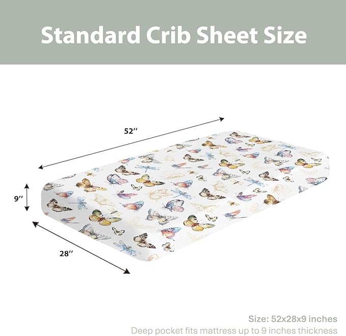Boho Butterflies Dragonflies Baby Crib Sheets for Boy Girl 52x28Inch Vintage Butterflies Soft Stretchy Fitted Crib Mattress Cover Garden Baby Sheet for Standard Crib and Toddler Bed Mattress