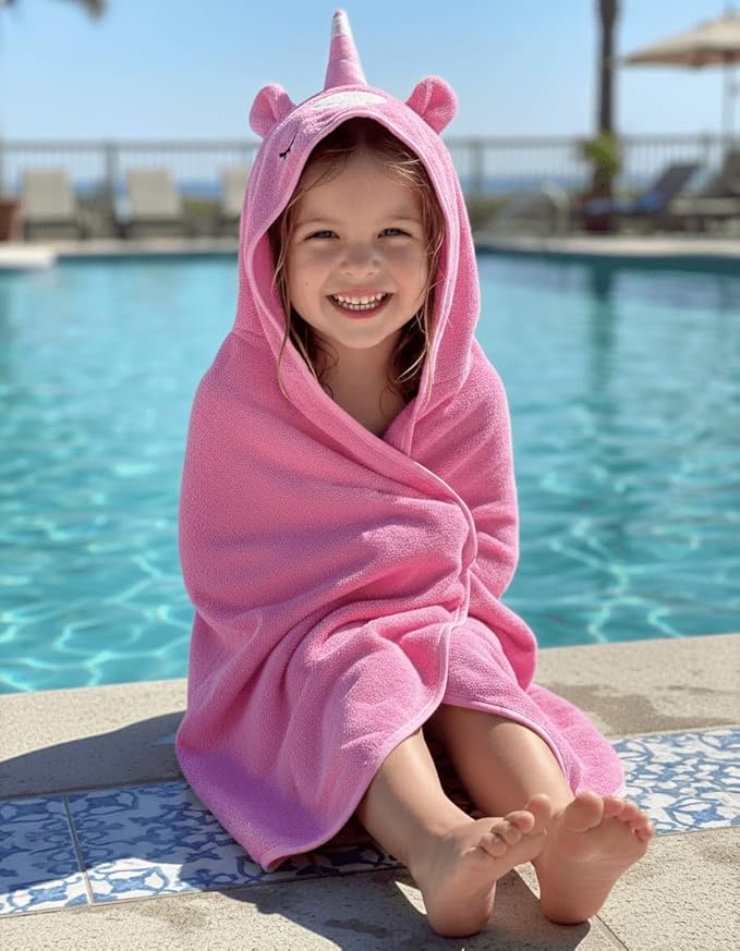 BAGNO MILANO Kids Organic Turkish Cotton Hooded Beach Cover-Up Towel, GOTS Certified, for Boys and Girls (Unicorn Pink, 24"x48"+8"/Hooded Towel)
