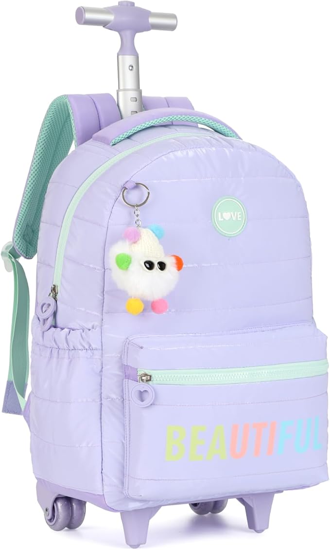 kingdisen Large Rolling laptop Backpack Set with Lunch Bag, Kids Backpack for school girls kids with Wheels (BEAUTIFUL PURPLE)
