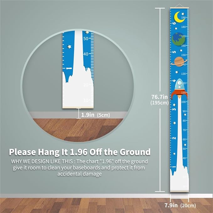 Baby Height Growth Chart - Canvas Height Chart for Kids Baby Child Toddler Boys Girls Growth Chart for Wall Room Nursery Decor Hangable and Removable Measuring Wall Ruler (Rocket, Beige Wood)