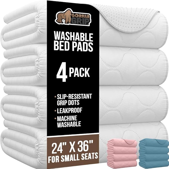 GORILLA GRIP Washable Underpads, Waterproof Reusable Heavy Absorbency Incontinence Bed Pads, Leak Proof Toddler Mattress Pad, 24x36 4 Pack, Slip Resistant for Bedwetting, Adults and Kids, White