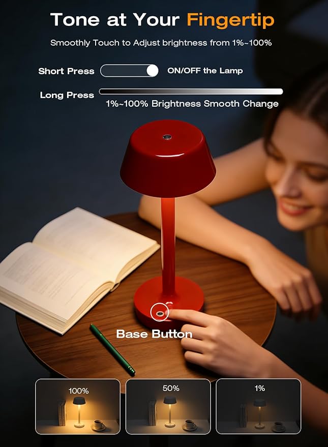 Light Worthy Cordless Rechargeable Table Lamp with Power Charger,Portable LED Desk Lamp,5000mAh Battery Operated,2700K-5700K Tunable,Stepless Touch Dimming for Bedroom Bedside Outdoor Camping,Red