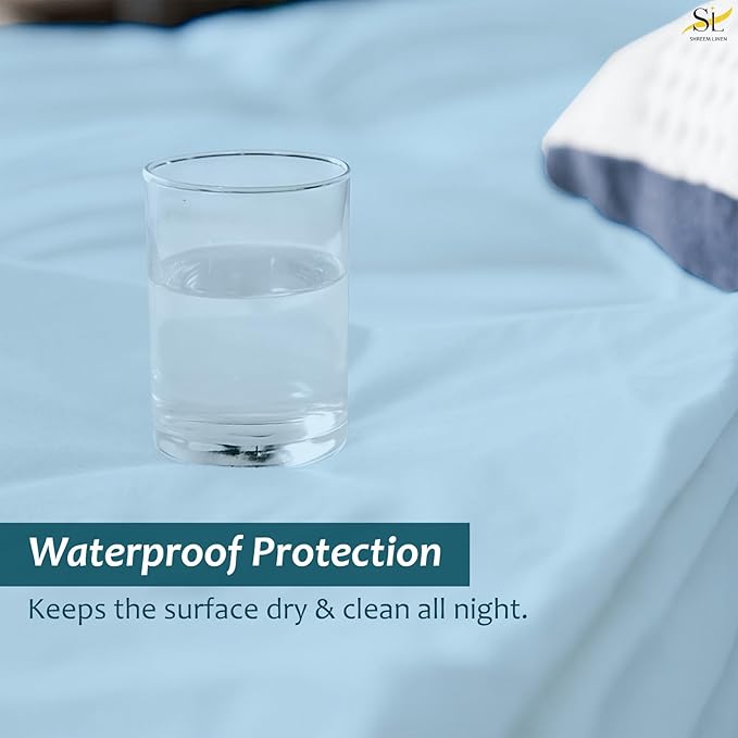 Queen Mattress Protector Fitted Sheet Style - Waterproof Vinyl Mattress Cover, Breathable, Bed Wetting & Spill Protection, Fits Mattresses up to 11.5" Deep (Light Blue)