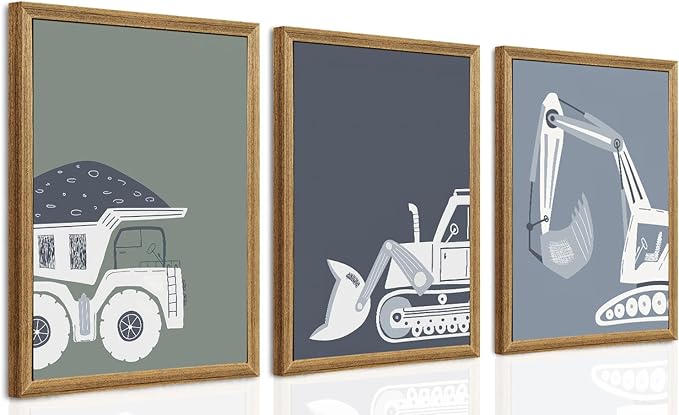 Construction Truck Kids Room Wall Art Deco Bulldozer Pictures Tractor Vehicle Poster Dump Truck Wall Art Boy Room Canvas Wall Decoration Baby Room Print Boy Bedroom 12x16 Inch Frame 3 Piece Set