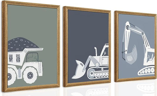 Construction Truck Kids Room Wall Art Deco Bulldozer Pictures Tractor Vehicle Poster Dump Truck Wall Art Boy Room Canvas Wall Decoration Baby Room Print Boy Bedroom 12x16 Inch Frame 3 Piece Set