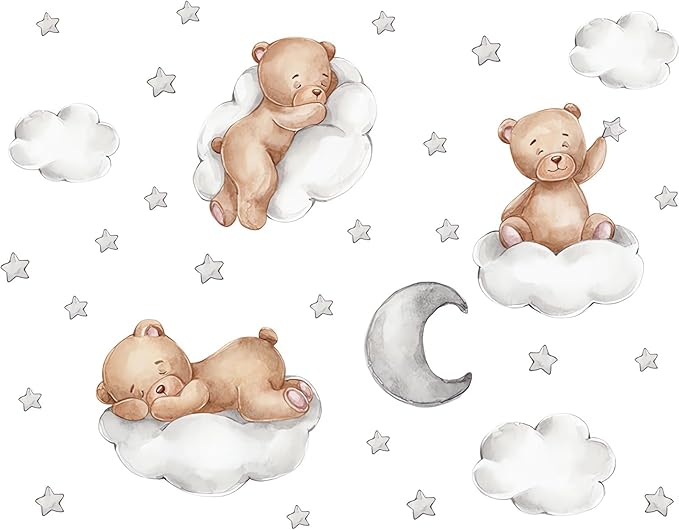 Cute Brown Sleeping Baby Bear Wall Stickers, sacinora Moon and Stars DIY Art Wall Decals Removable Vinyl Peel and Stick for Kids Baby Nursery Bedroom Toddler Room Kindergarten Decorations