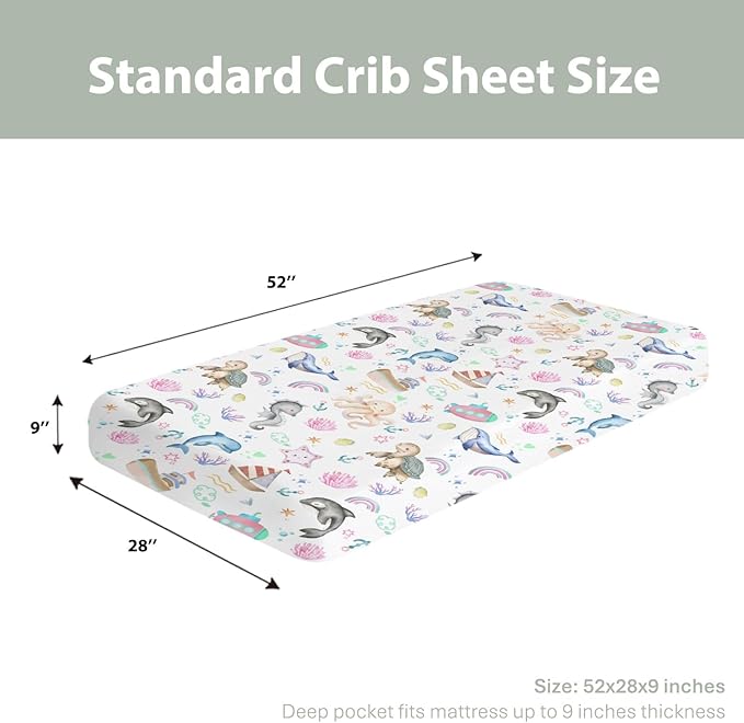 Colorful Ocean Animals Baby Crib Sheets for Boy Girl 52x28Inch Sea Horse Turtle Whale Rainbow Corals Soft Snug Fitted Crib Mattress Cover Marine Life Baby Sheet for Standard Crib & Toddler Mattress