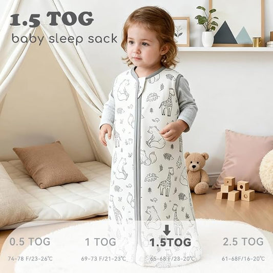 Baby Sleep Sack 6-12 Months 1.5 TOG, 2 Pack Bamboo Baby Wearable Blanket with 2-Way Zipper, Infant Toddler Sleeping Sack for Newborn Boys and Girls, Animals & Grey
