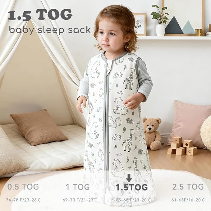 Baby Sleep Sack 12-18 Months 1.5 TOG, 2 Pack Bamboo Baby Wearable Blanket with 2-Way Zipper, Infant Toddler Sleeping Sack for Newborn Boys and Girls, Giraffe Bear