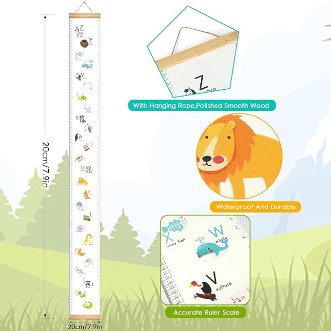 Mibote Baby Growth Height Chart Handing Ruler Wall Decor for Kids, Canvas Removable Height Growth Chart 79" x 7.9" (Letters)