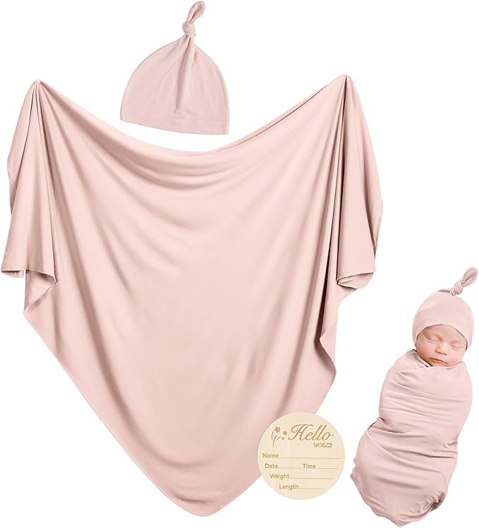 Rayon Made from Bamboo Newborn Swaddle Blanket Set with Matching Beanie, Super Soft Stretchy Baby Clothes Outfit for Girl Boy, Receiving Blankets Newborn Essentials, 35 x 35 Inch