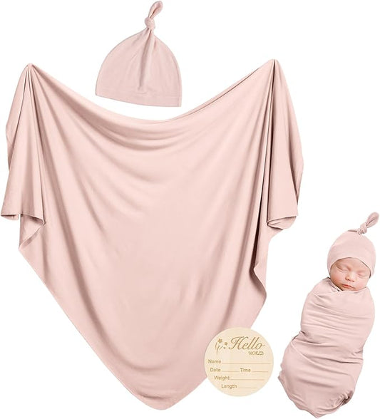 Rayon Made from Bamboo Newborn Swaddle Blanket Set with Matching Beanie, Super Soft Stretchy Baby Clothes Outfit for Girl Boy, Receiving Blankets Newborn Essentials, 35 x 35 Inch