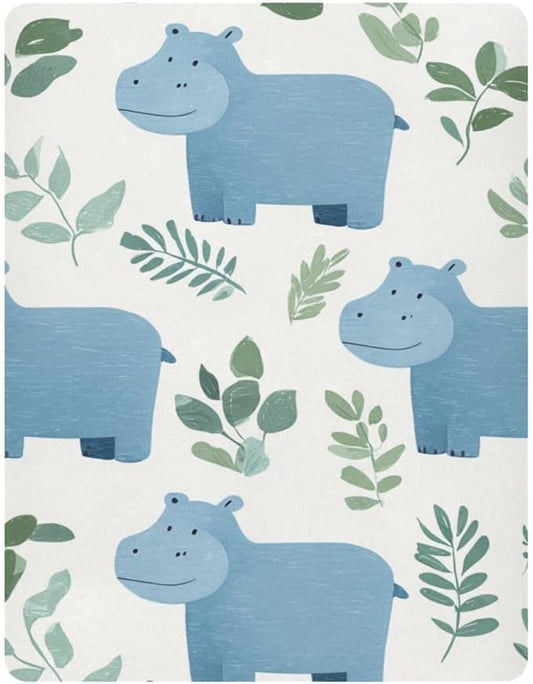 Cute Hippo and Green Leaves Crib Sheets Standard Crib Toddler Mattresses Cover Fitted Baby Bed Sheet Breathable Crib Mattress Sheet for Girls Boys 52" x 28"x5''