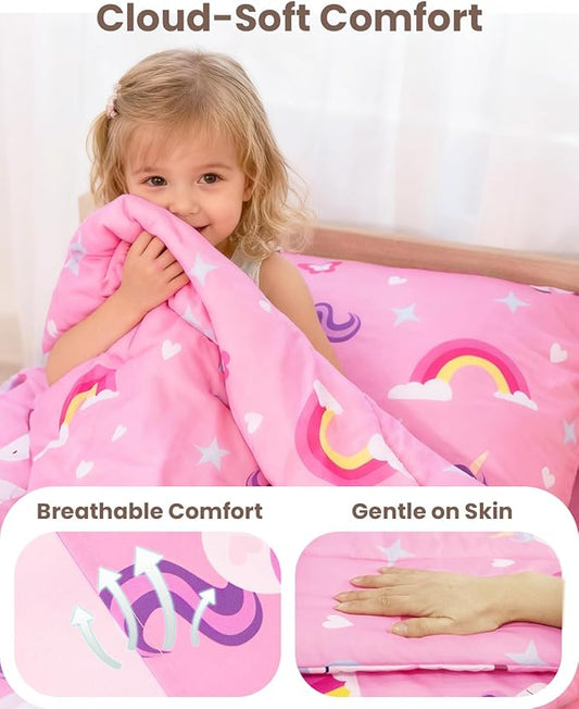 TinyPalsa Toddler Bedding Set, 4-Piece Pink Rainbow Pony Comforter Set for Girls and Boys, Breathable Crib Bedding Includes Ultra-Soft Quilt, Flat & Fitted Sheets, Pillowcase
