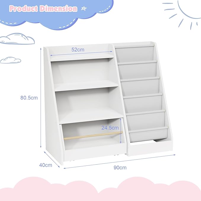 HedoAjim Kids Bookshelf with Toy Storage Organizer Movable Drawer, Toddler Bookcase 5 Sling Child Book Rack 4-Tier Shelf Cabinet Chest with Wheels for Nursery,Playroom,Bedroom,Living Room,Classroom