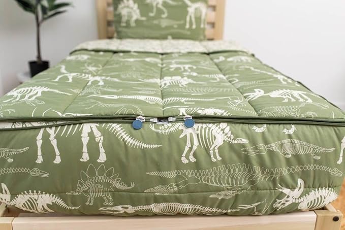 Beddy's Dinosaurs T-rex Theme Boys Durable Zipper Bedding for Kids, Bed in a Bag, Green Sheets and Comforter with Dino Fossils, Includes Pillowcase and Pillow Sham, Easy to Make and Wash