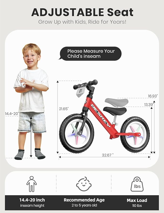 besrey Toddler Balance Bike 2 Year Old: All-Metal Frame + 12" Light-Up Wheels + Personalize Plate & 4 Sets of Stickers, Kids Gift Bike with Adjustable Seat for Boys Girls Age 2 3 4 5