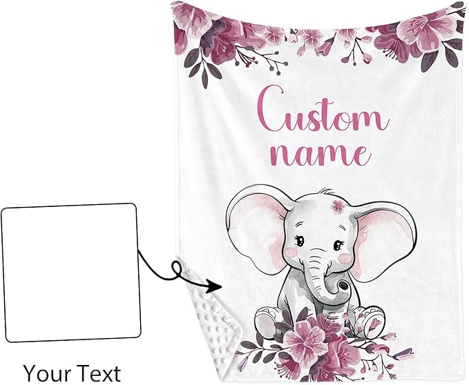 Custom Baby Crib Bedding Set, Personalized Name Floral Elephant Theme Crib Set 3 Pcs, Soft Double Layer Blanket, Crib Sheet & Room Rug, Ideal Nursery Decor Gift for Baby Girls Boys