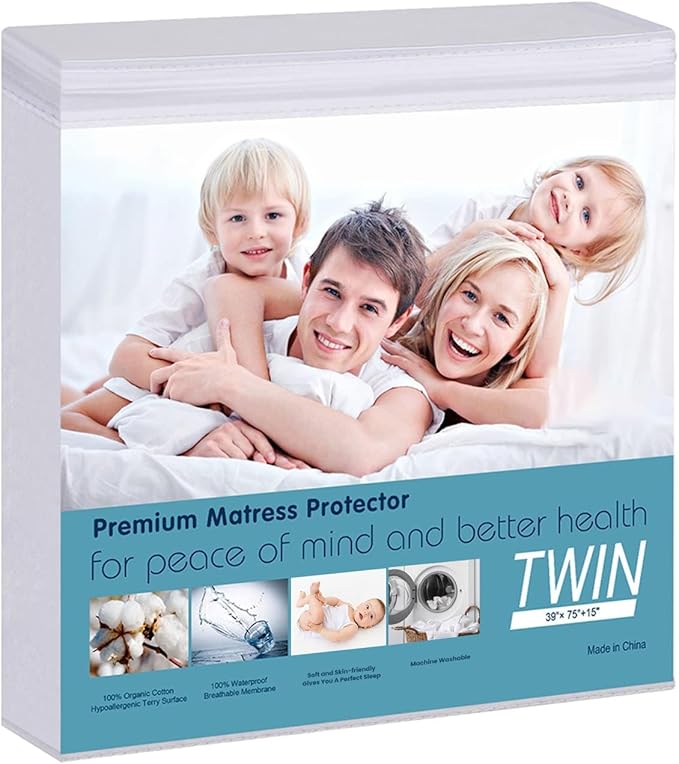 Waterproof Mattress Protector, Twin Size Terry Cotton Mattress Pad Cover Breathable Deep Pocket Fitted Sheet Style 39"x75" +18 Inch Pocket