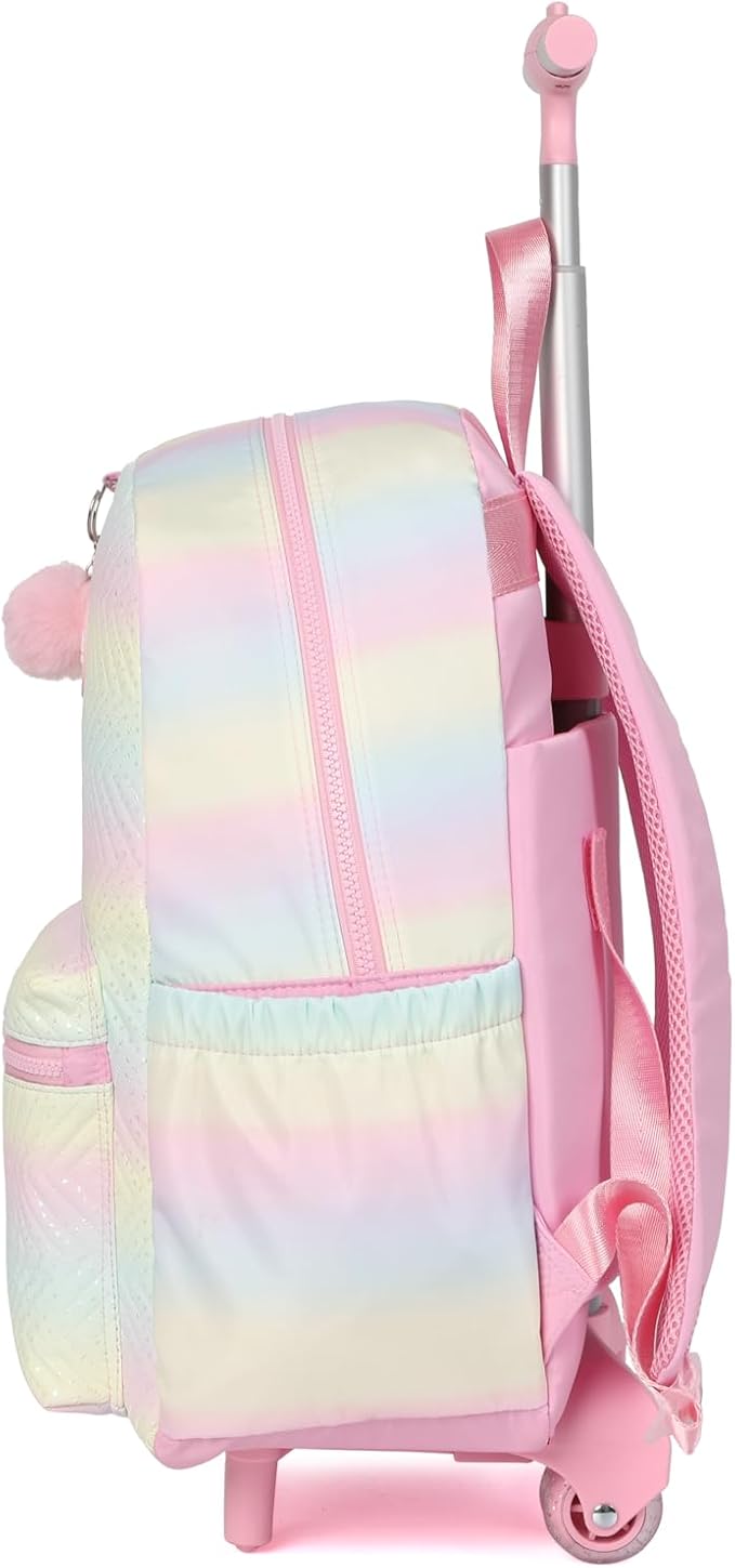 kingdisen Rolling Backpack with Wheels School Trolley Laptop Bag with Lunch Box 3pc Set for women (PU PINK)