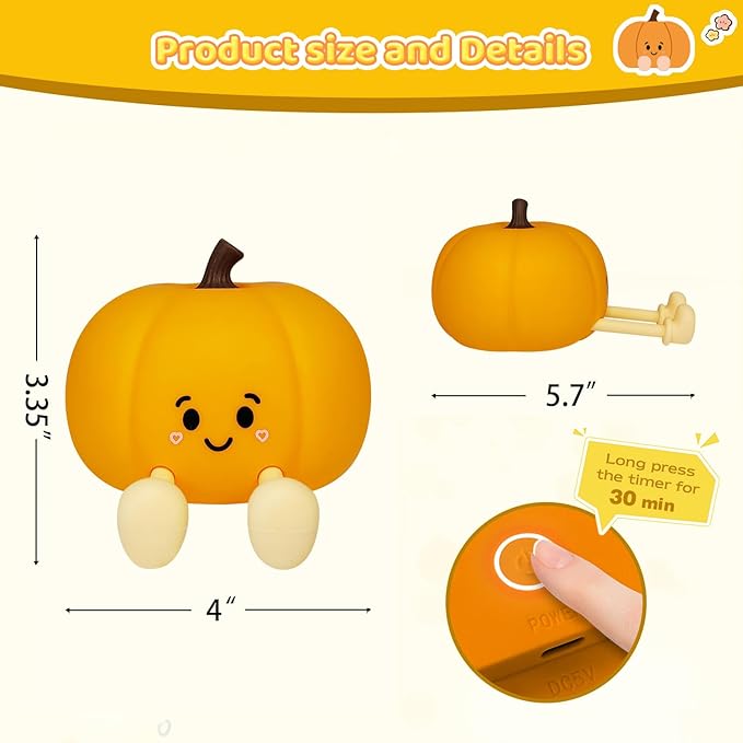 loatme Night Light for Kids, Rechargeable Dimmable Silicone LED Nightlight, Baby Nursery Night Lamp, Touch Squishy Lamp, Halloween Gifts for Girls, Boys, Toddler Room Decor, Pumpkin