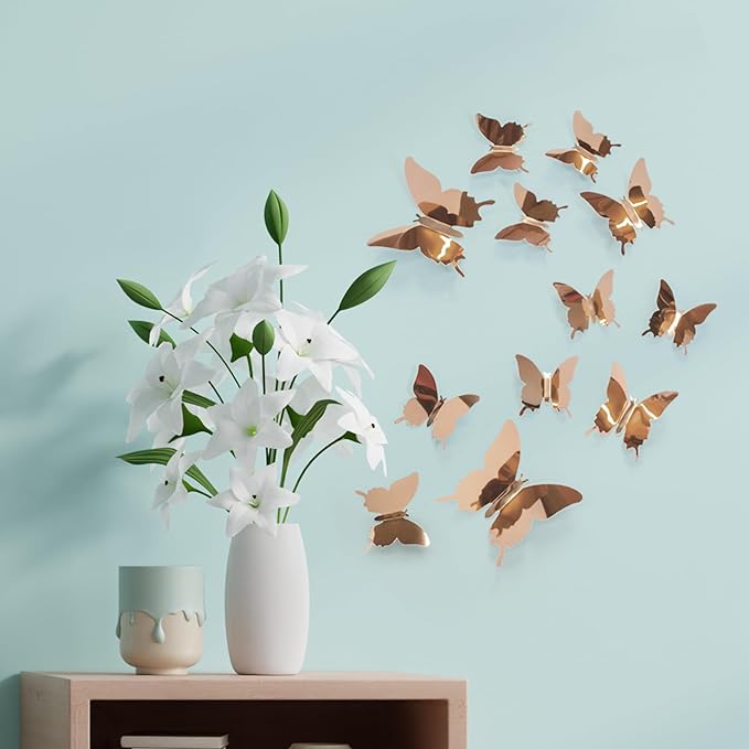 Butterfly Wall Decal Room Decor, Rose Gold Butterfly Wall Decor 24 pcs, Party Decor, Wedding Decoration, Aesthetic Butterflies Stickers for Bedroom