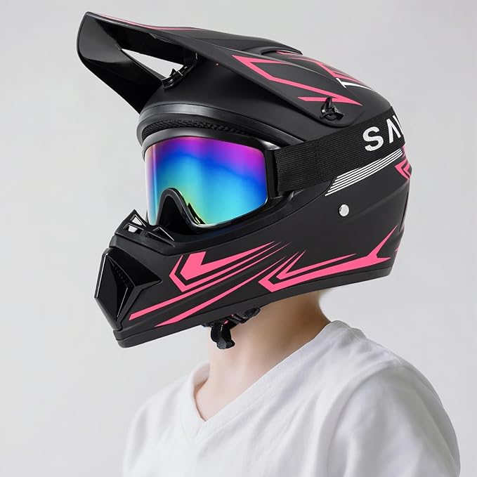 Youth Kids Dirt Bike Motocross Helmet (Goggles Gloves Face Mask) 4PCS Set, DOT Approved Girls Full Face Motorcycle Helmets, ATV BMX MX Mountain Bike Off Road Kid Helmet (Pink, L)