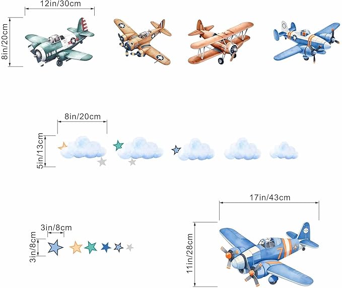 Airplane Wall Stickers for Boys Kids: Peel and Stick Cloud Star Aircrafts Wall Decals for Baby Nursery Kid Bedroom Toddler Room - Children Supplies Ages 1-12 Year Wall Decor