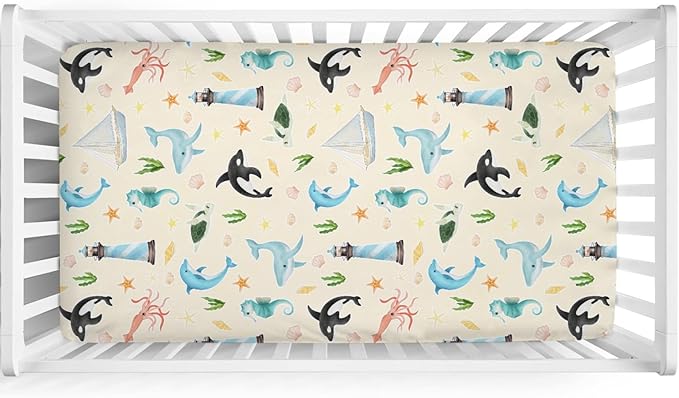 Colorful Sea Animals Baby Crib Sheet 52''x28'' Ocean Whale Dolphin Turtle Shells Coral Lighthouse Ship Stretchy Fitted Crib Mattress Cover for Boy Girl Baby Sheets for Standard Crib Toddler Mattress