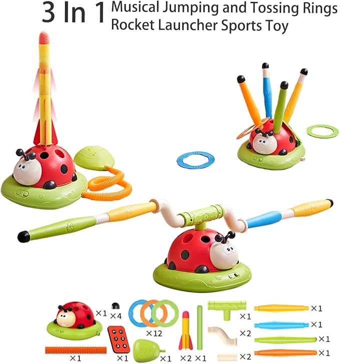 Powza 3 in 1 Musical Jump, Toss Ring Game and Stomping Launch Rocket Launcher for Kids Outdoor Toys with Remote Control, Indoor Outside Toy for Kids Ages 4-8 Toys for Ages 5-7 8-13 Birthday Gifts
