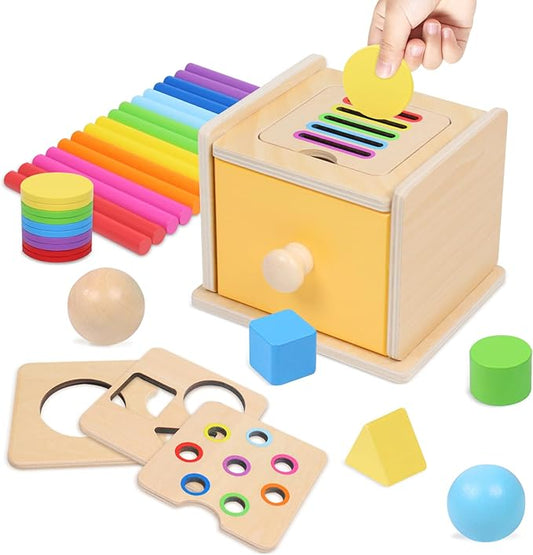 Montessori Toys for 1+ Year Old, 4 in 1 Object Permanence Coin Box, Ball Drop Color Sorting Sensory Fine Motor Skills Toys Shape Sorter for Toddlers 1-3, Gifts for 1 2 3 Year Old Girls Boys
