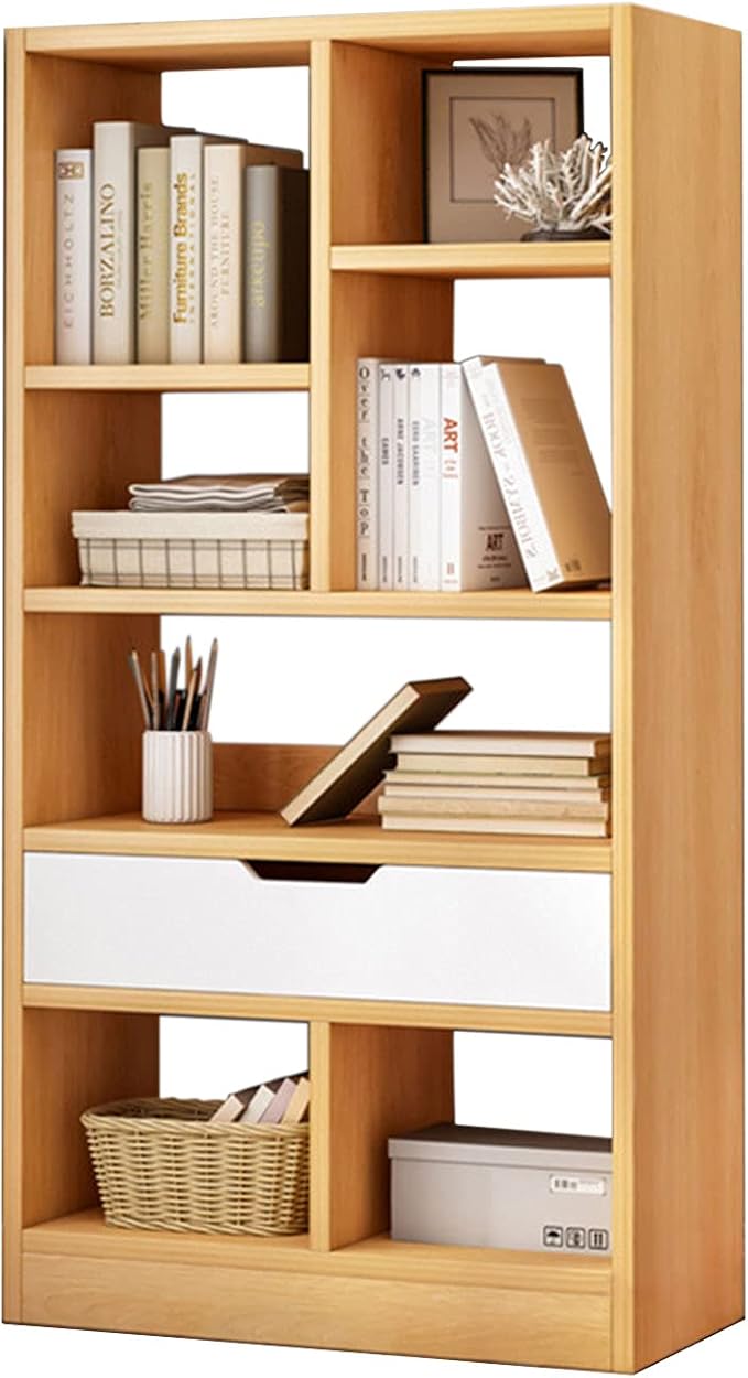 IOTXY Wooden Open Shelf Bookcase - 51" Height Freestanding Display Storage Cabinet Organizer with 7 Cubes and a Drawer, Floor Standing Bookshelf, Yellow