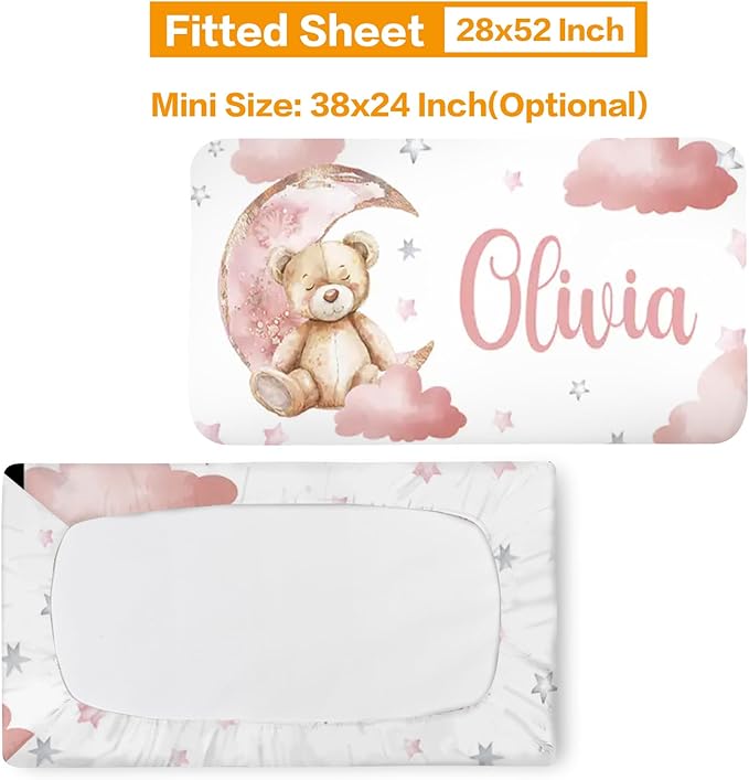Custom Baby Bedding Set: Personalized Pink Sleeping Bear Bedding Baby Blanket Fitted Sheet Changing Cover Nursery Rug Room Decor Gift Idea