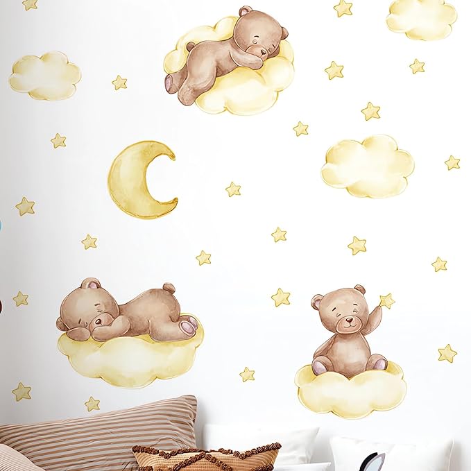 Cute Yellow Sleeping Baby Bear Wall Stickers, sacinora Moon and Stars DIY Art Wall Decals Removable Vinyl Peel and Stick for Kids Baby Nursery Bedroom Toddler Room Kindergarten Decorations