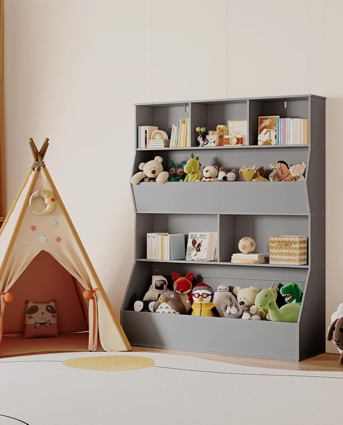 Arlopu Kids Bookshelf & Toy Storage Organizer, 4 Tier Wooden Cabinet with Open Design, Toddler-Friendly Bookcase for Playroom, Nursery, Classroom, Kindergarten (Grey)