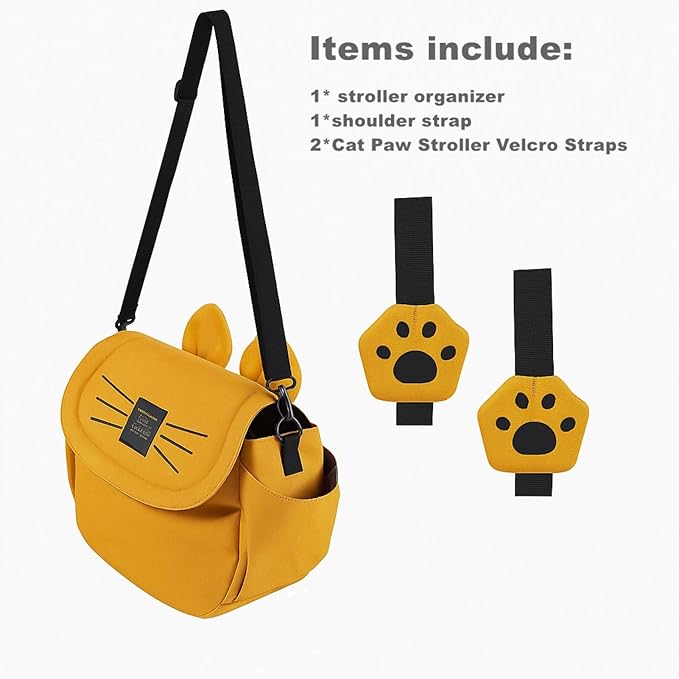 SUNVENO Kitty Stroller Organizer Bag – Universal Baby Stroller Caddy with 2 Cup Holders, Adjustable Straps, Waterproof Oxford, Lightweight Travel Accessory for Strollers, Prams & Pushchairs,Yellow
