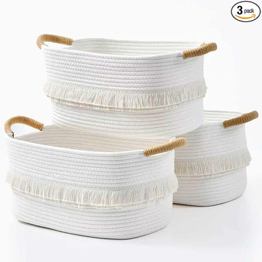 BUBUSUN Storage Bins Woven Baskets for Storage Set of 3, Cotton Rope Basket with Handles for Toys/Shelves/Laundry, Rectangle Multi-Purpose Organizer for Living Room, Bedroom, Nursery (White)