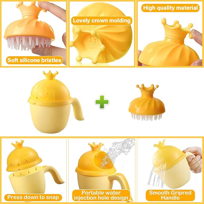Baby Shower Cap Shield, Baby bath set shower cap/water cup/massage brush,Visor Hat for Eye and Ear Protection for 0-9 Years Old Children,Cute Crown Shape Makes the Baby Bath More Fun (Yellow)