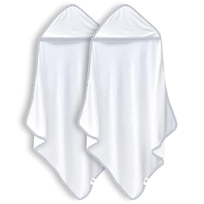 2 Pack Baby Bath Towel - Rayon Made from Bamboo, Ultra Absorbent - Ultra Soft Hooded Towels for Boy and Girl (White and Stripe, 30 x 30 Inch)