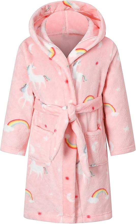 Girls Fleece Hooded Robes, Kids Soft Premium Fuzzy Bathrobe for Gifts, 2-12 Years