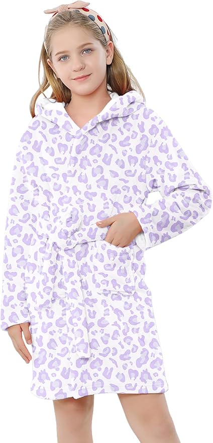 Umeyda Girls & Women Fleece Hooded Robes, Soft Fuzzy Bathrobe Warm Plush Fluffy Bath Robe for Kids Womens