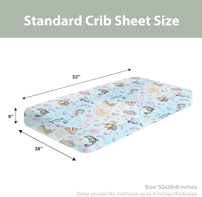 Colorful Ocean Animals Baby Crib Sheets for Boy Girl 52x28Inch Sea Horse Turtle Whale Rainbow Corals Soft Snug Fitted Crib Mattress Cover Marine Life Baby Sheet for Standard Crib & Toddler Mattress