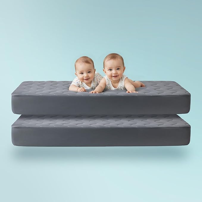 Sleep Zone Cooling Crib Mattress Protector Waterproof 2 Pack, Quilted Soft Toddler Mattress Pad, Breathable Baby Mattress Cover with Deep Pocket, Machine Washable Bed Topper (Dark Grey, 52 x 28)