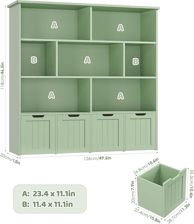 FINETONES Storage Organizer, Bookshelf with 4 Movable Chests and 7 Storage Cubes, Chest Storage with Hidden Wheels, Organizers and Storage, Green